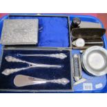 A Silver Handled Three Piece Glove, Shoe and Button Hook Set, five London pewter dishes 10cm