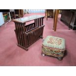 Tapestry Covered Stool, on bun feet; hardwood magazine rack having brass inlay to top. (2)