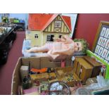 A Dolls House, quantity of dolls house furniture, marbles, dolls etc:- Two Boxes