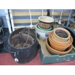 Terracota Plant Pots, stoneware jardinieres, wirework wall posy:- One Box , two cast iron pans.