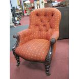 A XIX Century Mahogany Framed Easy Chair, with scroll hand rests, turned and fluted legs, re-