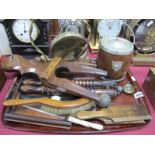 Oak Biscuit Barrel, having pottery lining, dinner gong, boot pull, butter pats, Lister hand tool,