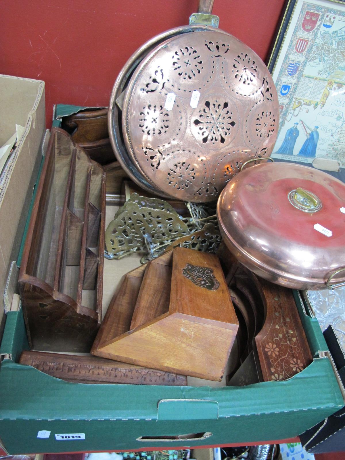 Hardwood Boxes, letter racks, XIX Century copper warming pan, etc:- One Box