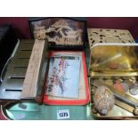 A Polished Stone Egg with Fossils, Japanese Cork Diorama, postcards, brass trivet, 1950's propelling