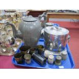 'Just a Thimble Full' Silver Plated Tots (4), brass example, plated biscuit barrel, coffee pot,