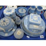 Wedgwood Powder Blue Jasper Ware, including:- teapot, ring stand, trinket boxes:- One Tray