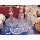 Brierley Glass Ship Decanter, Royal Scot and four large decanters, Stuart dish, etc:- One Tray