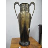 C.E.D. Art Nouveau Bronzed Metal Vase, with twin lobed handles and panel to neck, decorated with owl