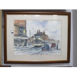 Ian Spooner, Sheffield City scene with Tram in Foreground, watercolour, signed lower right, 32 x