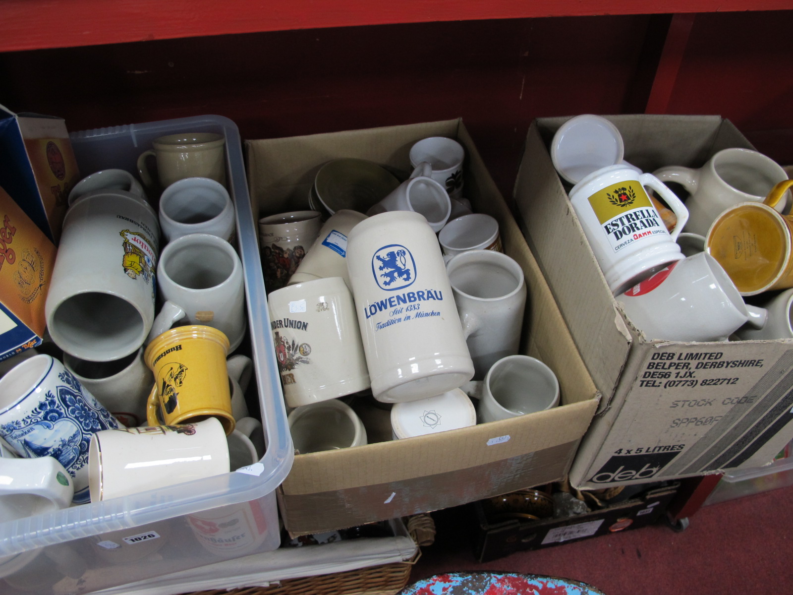 A Large Quantity of Pottery Tankards, many with brewers logo:- Thee Boxes