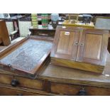 Early XX Century Mahogany Tray, with carved centre panel, 63cm wide; later stationary box. (2)
