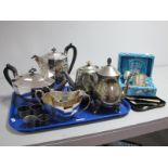 A Plated Four Piece Tea Set, christening set in a fitted case, hallmarked silver and other napkin