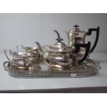 A Plated Four Piece Tea Set, each with bead and reel border, raised on reeded feet, on an oval