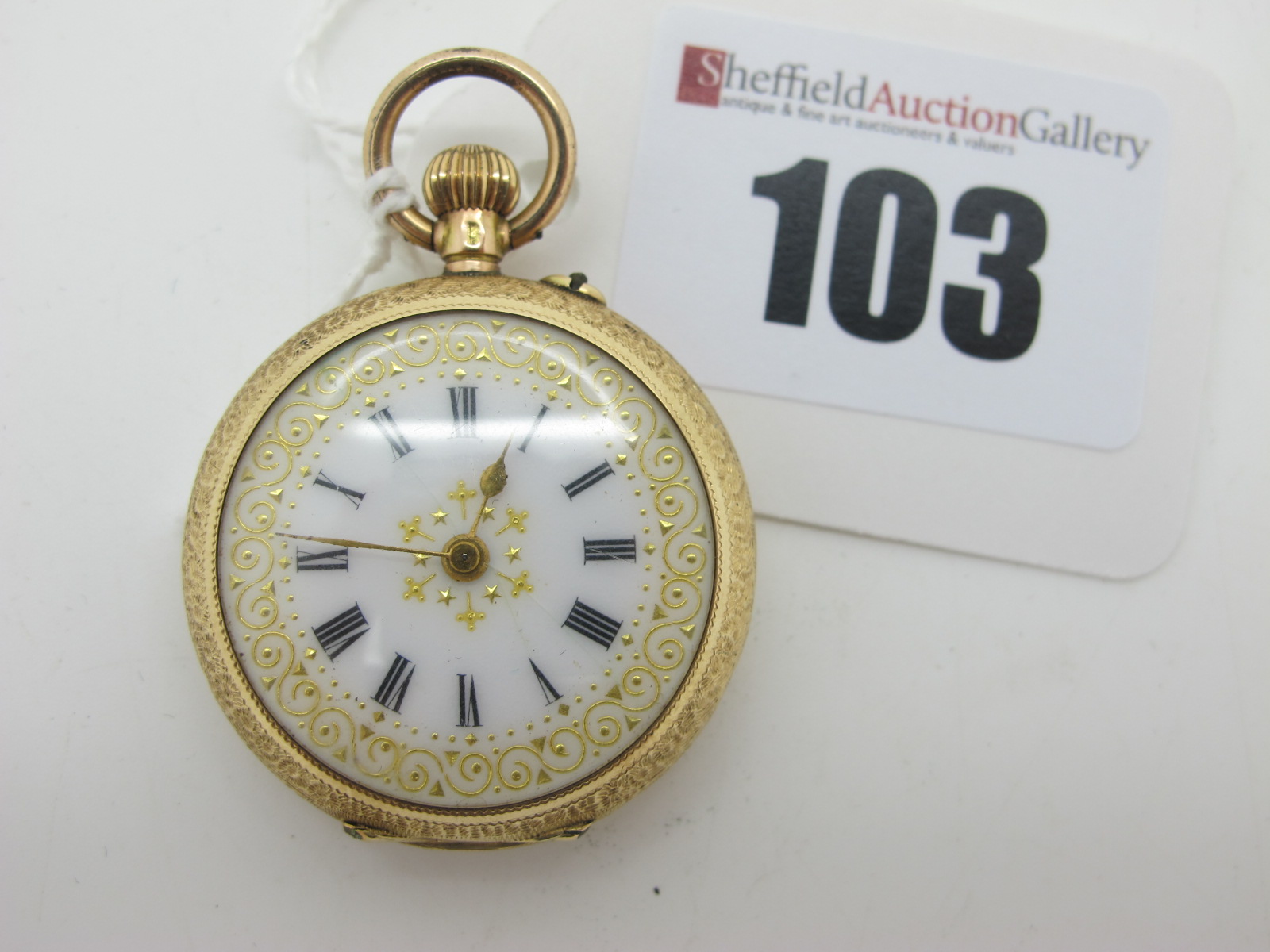 A Highly Decorative Ladies Fob Watch, the white dial with black Roman numerals, inside case back