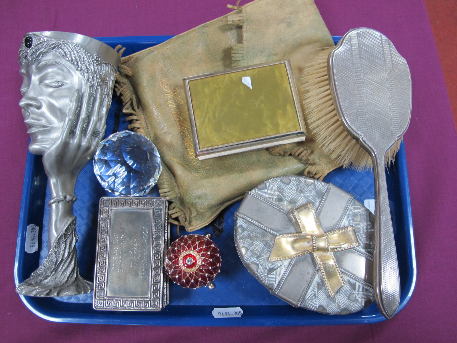 A Hallmarked Silver Backed Hairbrush, (damaged) trinket boxes, modern red enamel egg, opening to