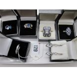 Five Modern Assorted Costume Dress Rings, including Art Deco style; and a pair of drop earrings.