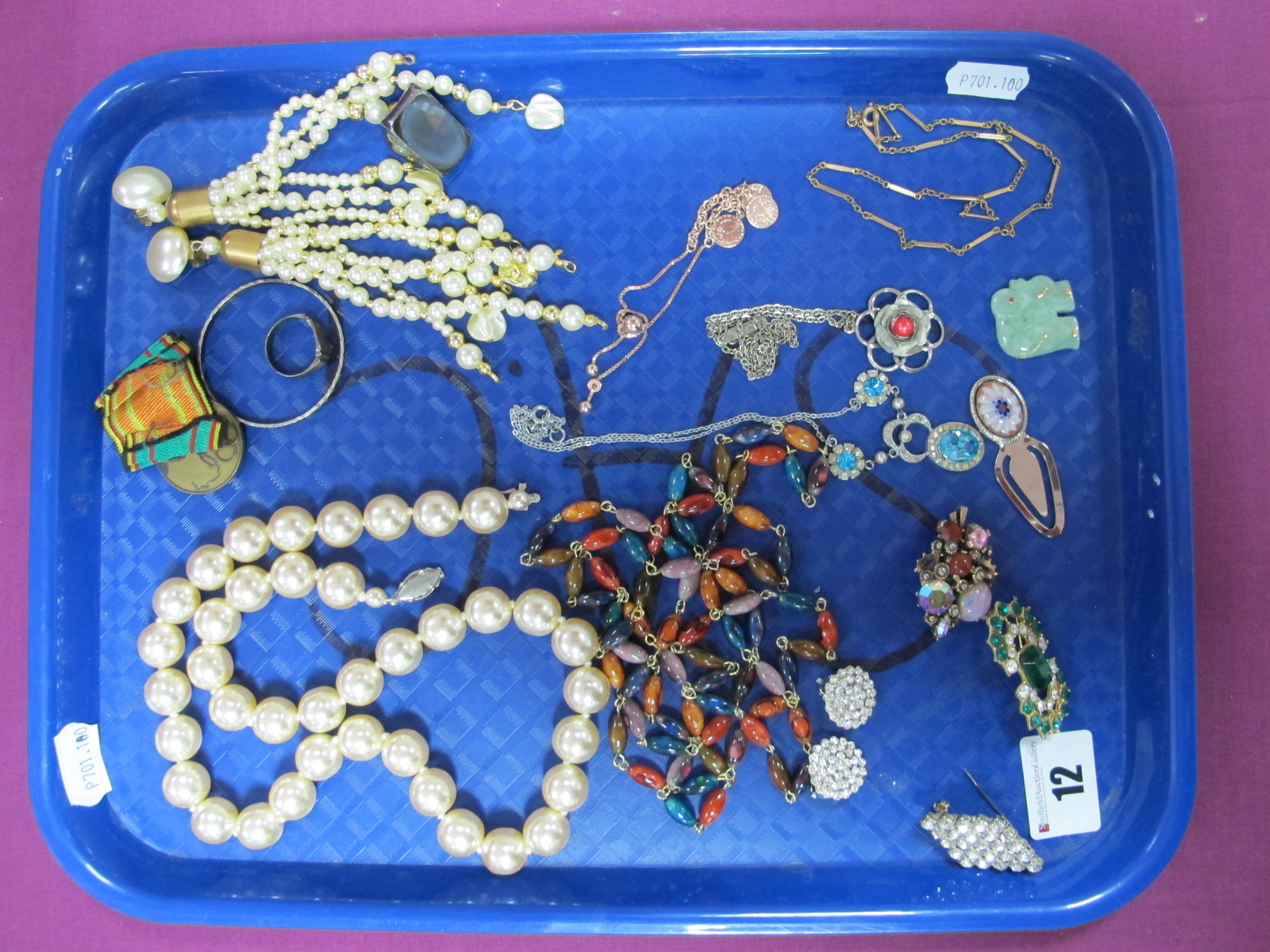 Assorted Costume Jewellery, including imitation pearls, vintage necklaces, brooches, "Tunis 1943"