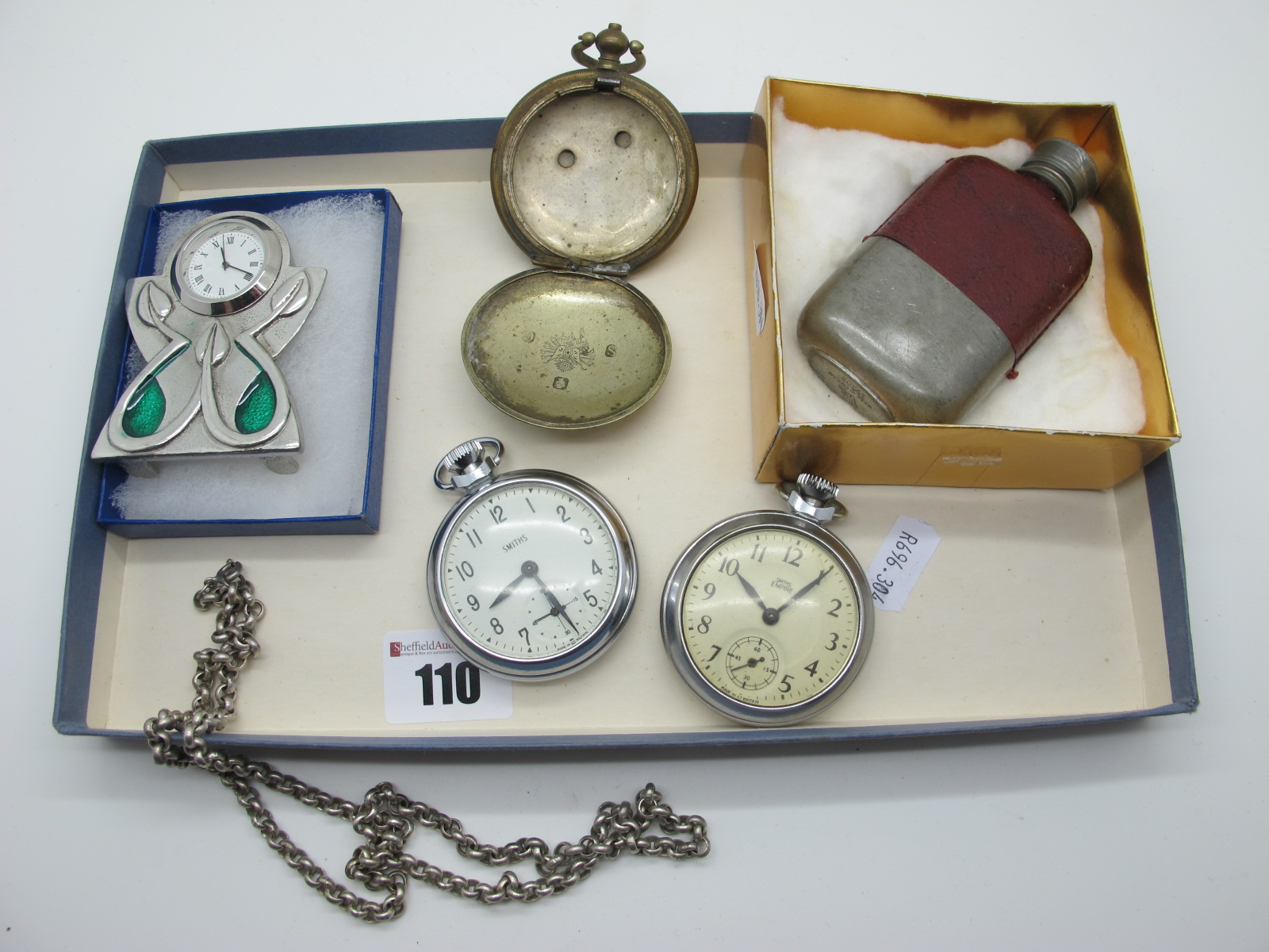 Smiths Openface Pocketwatches, small hip flask, miniature clock, etc.