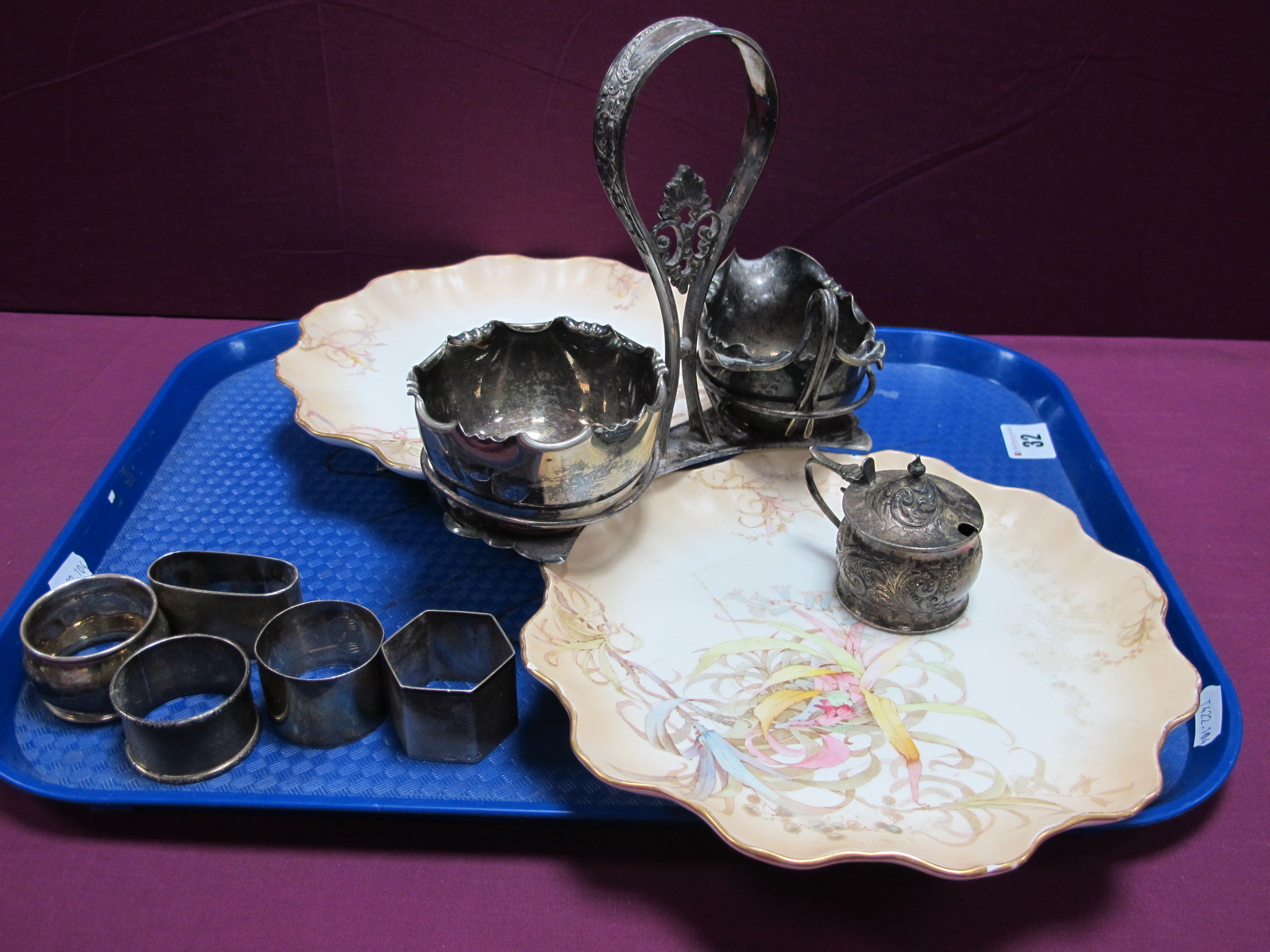 A Decorative Plated Dessert Serving Set, fitted with pair of Doulton Burslem shaped plates (damages)