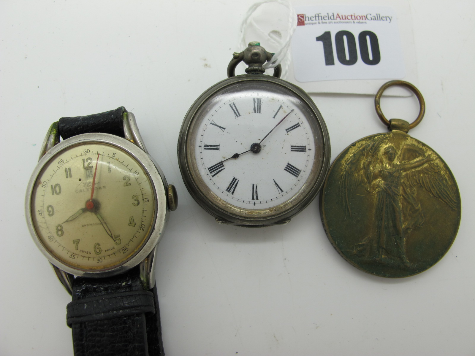 A Vintage Elco Calendar Gent's Wristwatch, together with an openface fob watch and a 1914-1919 war