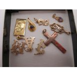 A Small Selection of Fancy Initial Pendants, (5), a plain cross pendant, stamped "9ct", a