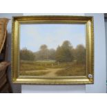Peter Duffield; Oil on Canvas, rural river scene with sail boat, signed lower right, gilt frame,