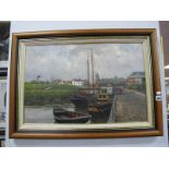 Hampshire Artists, P. Spark?, Fishing Boats Moored by Harbour Side with cyclist in attendance and