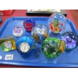 Caithness Glass Clock Paperweights (2), six others:- One Tray