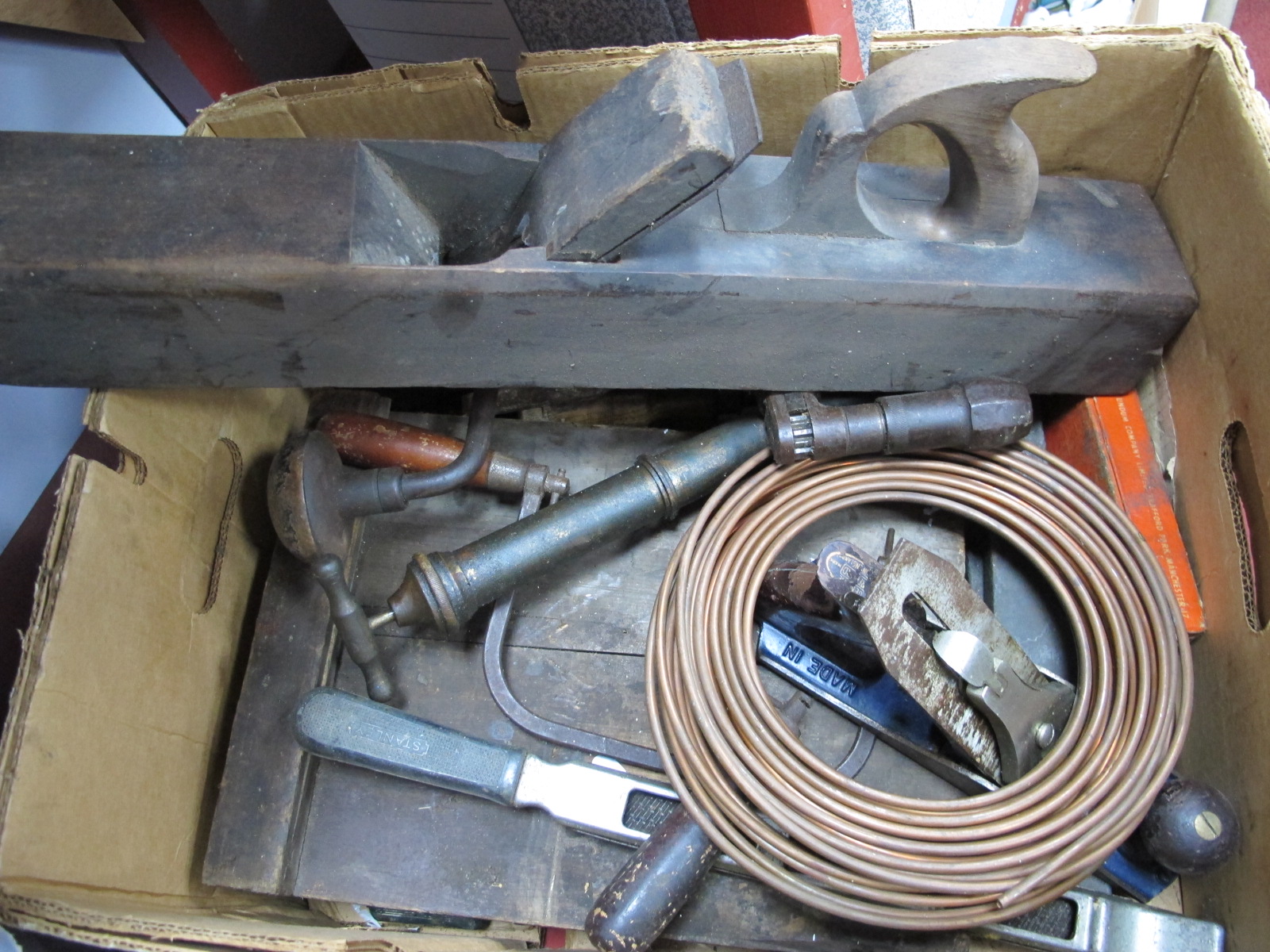 Record No. 4 Woodworkers Plane, saws, chisles, drill, etc:- One Box