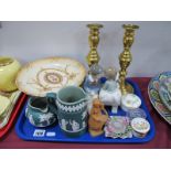 Brass Candlesticks, Nao figure group, Dudson jasperware, carved wooden figure, etc:- One Tray