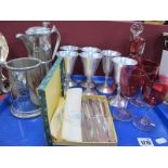 A XIX Century Cranberry Glass Decanter, three similar wines, twelve Walker & Hall knives, pewter