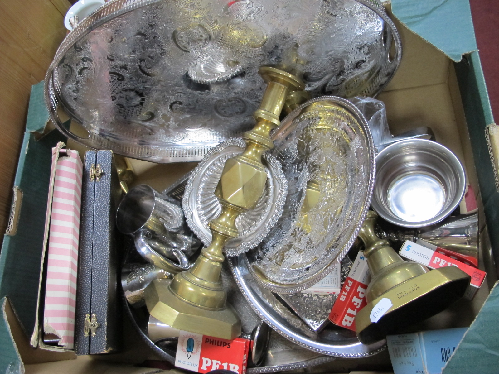 A Pair of Brass 'The King of Diamonds' Candlesticks, plated trays, tankard, cutlery, etc:- One Box