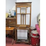 Early XX Century Oak Hall Stand, with pokerwork carving above mirror, three rails over glove box,