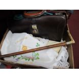 Edward VIII Tablecloth, crochet ware, other linens, briefcase, walking cane.