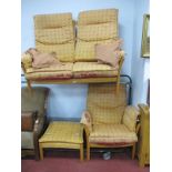 Ercol. Lounge Settee, two-seater with ladder back; matching single chair and stool.
