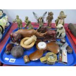 An Australian doll, brass miners, propeller surrounded clock, pestle & mortar, compass, model