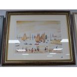 L.S Lowry 'Yachts 1956' Limited Edition Colour Print of 850, blind backstamp, Henry Buckland label