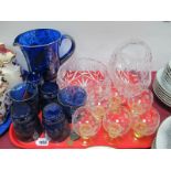 A Blue & Silvered Glass Lemonade Set, six amber glasses, bowl, basket:- One Tray