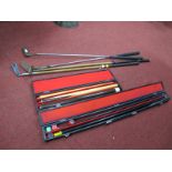 Tecno Two Piece Snooker Cue, three piece snooker cue, both cased; Rangefinder and Bobby Locke hickor