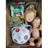 Dolls, Mini planes, toys, boxed diecast vehicles, stamps, postcards:- One Box and Sheffield United