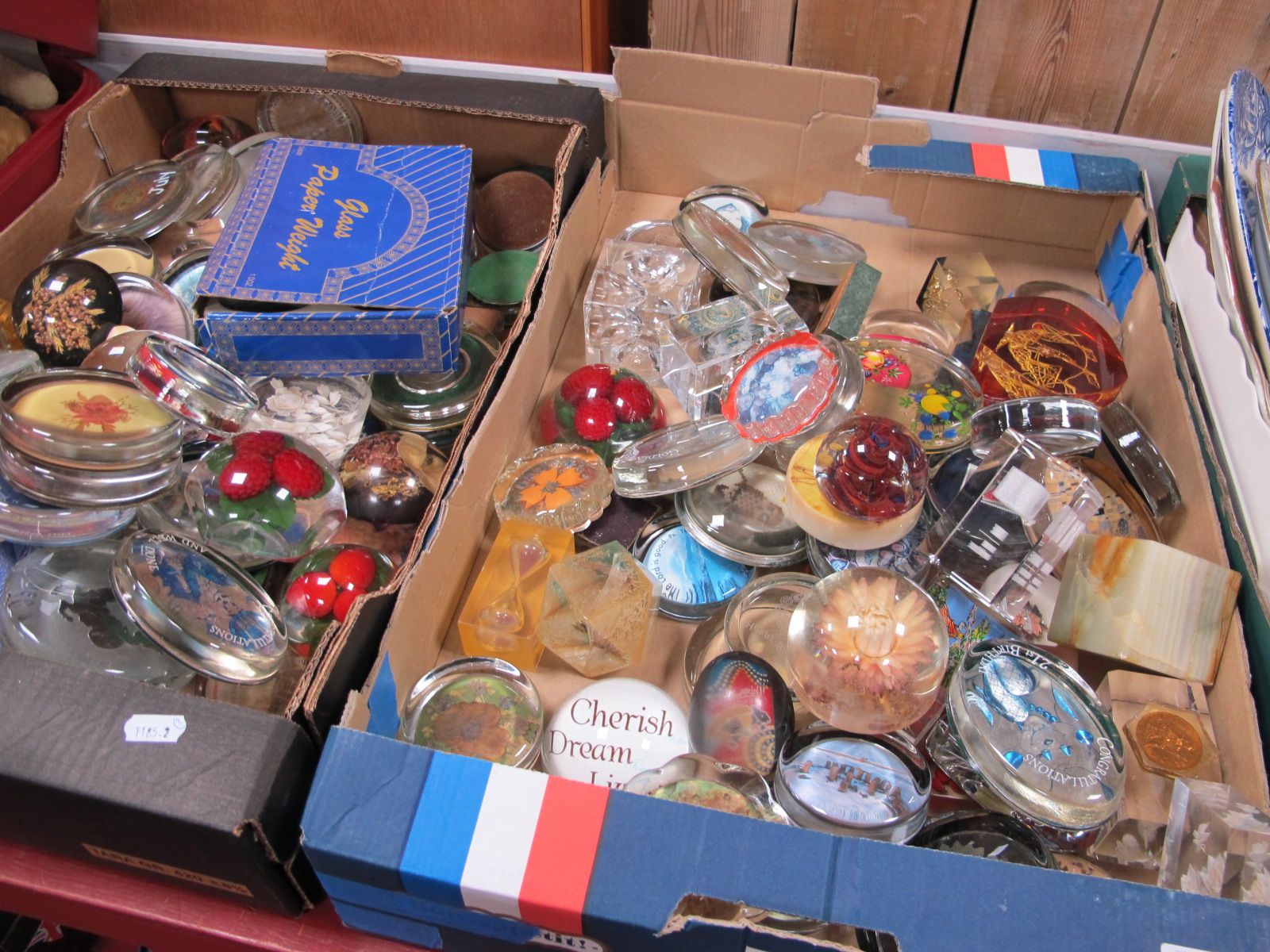 A Large Quantity of Modern Glass, Resin and other paperweights:- Two Boxes