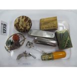Mini Pistol 4.5cm long, Art Deco New York matchbox holder, brooch, Hudson's vegetable leaflets,