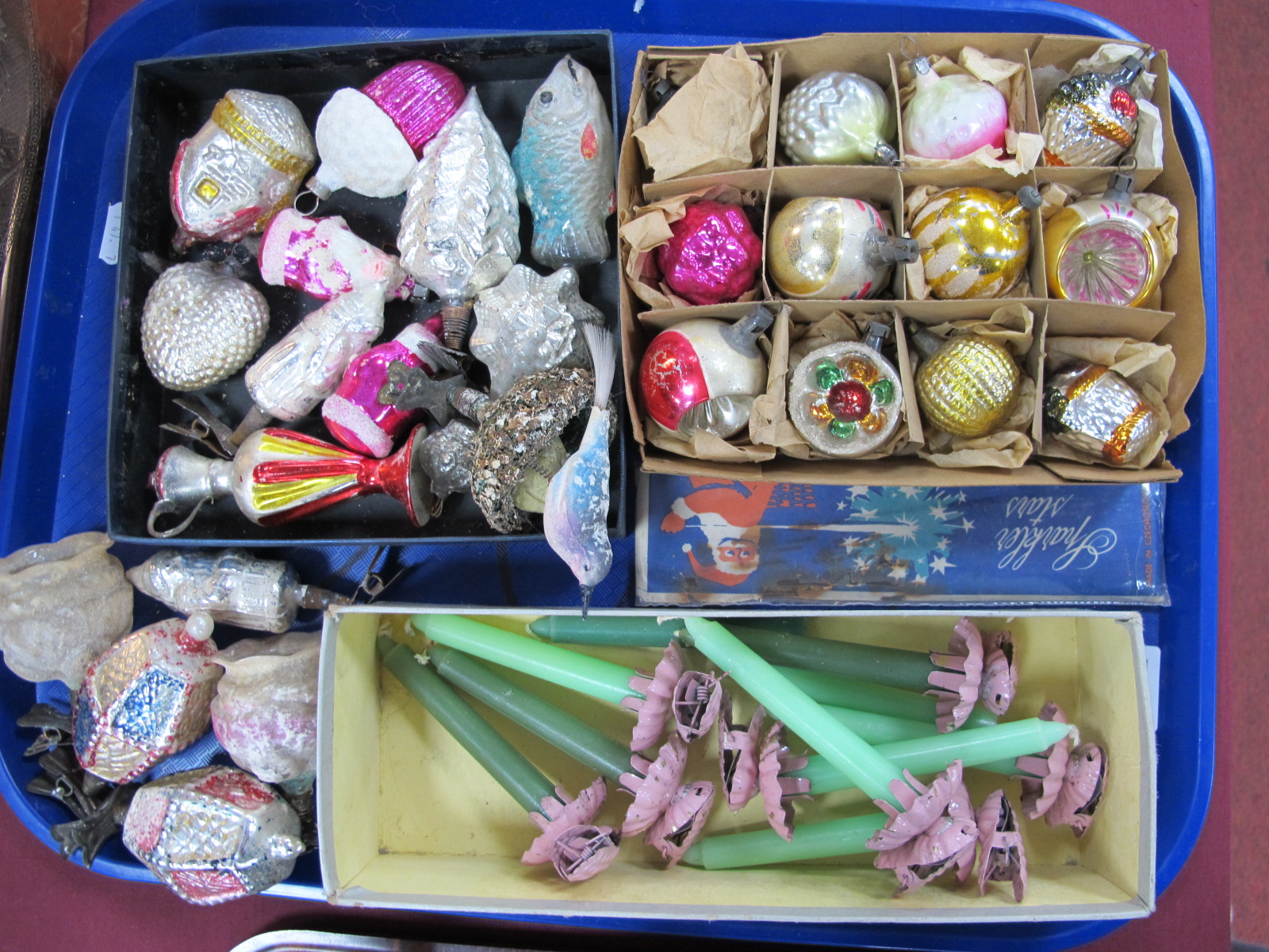 A Tray of Early 1900's Christmas Tree Ornaments, including a birds nest, Father Christmas, etc (
