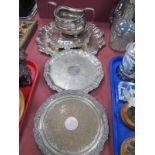 JR Plated Salver, three card trays, sugar bowl.