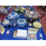 Wedgwood Blue Jasperware Teapot, sugar, cream and vase, Ducal silver lustre teapot on stand, Doulton