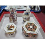 A Crown Derby Kitten Paperweight, teddy bear and two hexagonal trinket boxes.