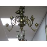 A Brass Five Scroll Branch Ceiling Light, 'Heritage' taps.