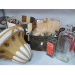 Glass Ceiling Light, chemists bottles, tins, purse, etc.