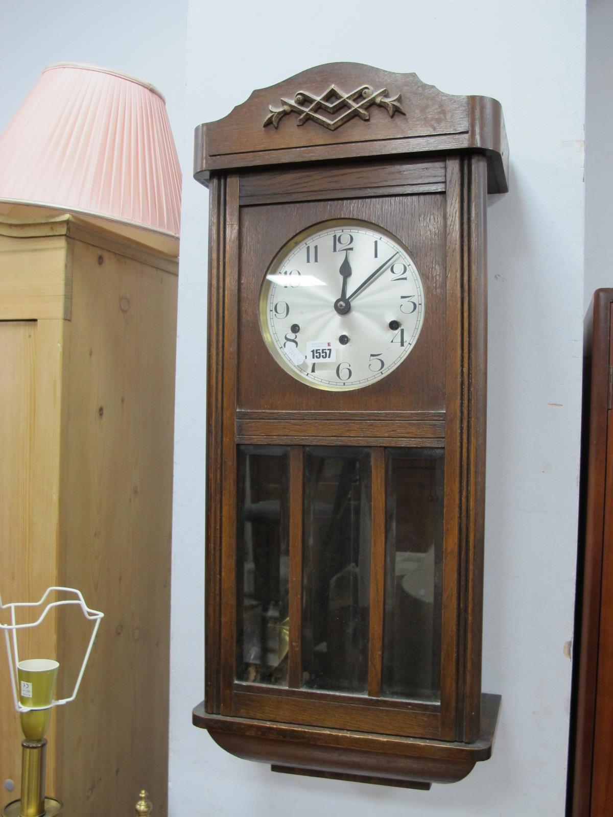 An Oak Cased Regulator Wall Clock, having Westminster chime movement.