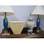 A Pair of French Turquoise Crackle Ware Lamps, Chinese ceramic table lamp. (3)